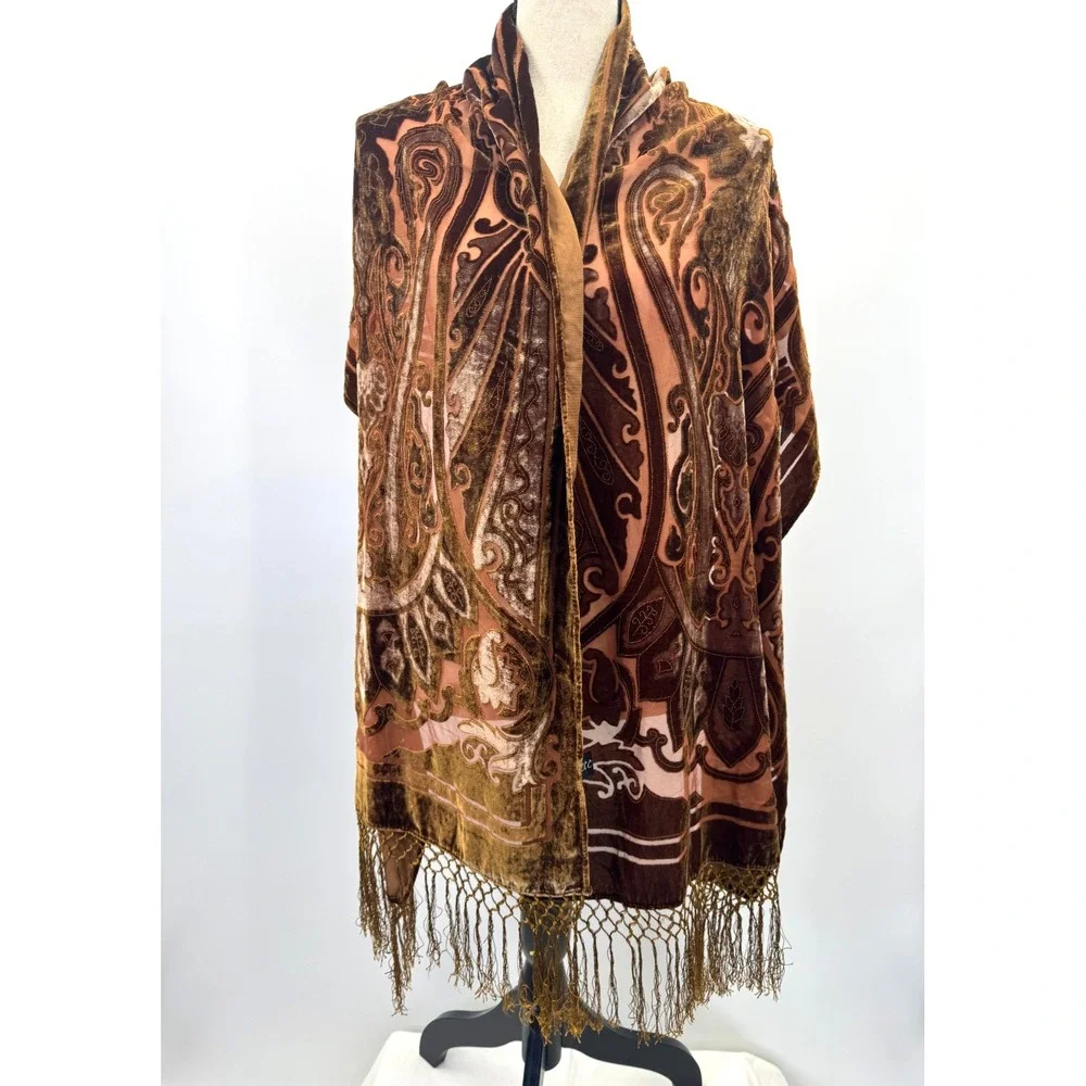 CCC Whimsigoth Boho Brown Paisley Velvet Burnout Silk Scarf Wrap Shawl Fringe